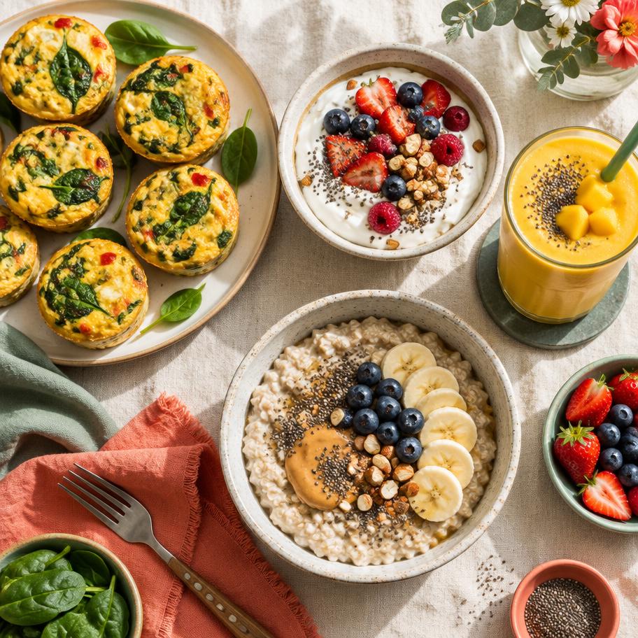 Desayunos altos en proteína con huevos, yogur, avena y smoothie