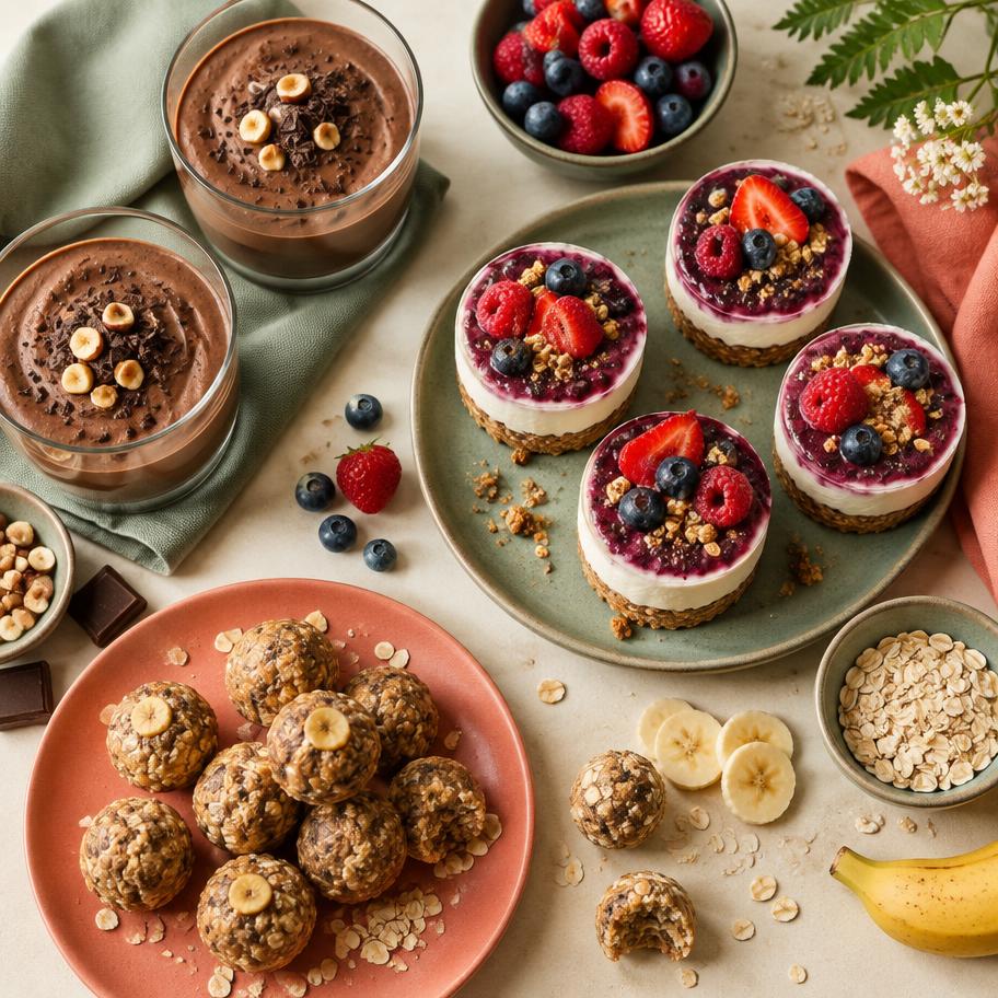 Postres altos en proteína con chocolate, frutos rojos, yogur y avena