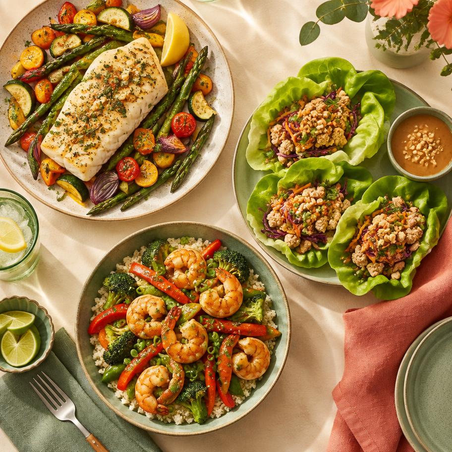 Cenas altas en proteína con pescado, pavo, camarones y vegetales