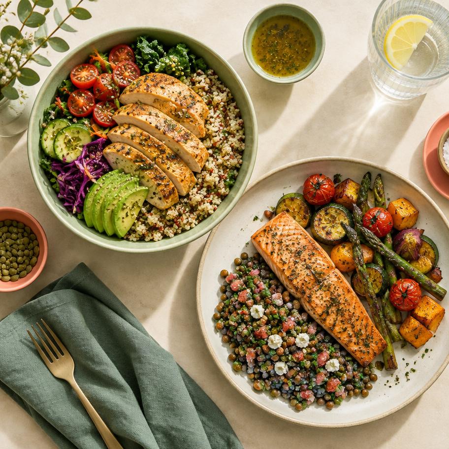 Almuerzos altos en proteína con pollo, salmón, quinoa y vegetales