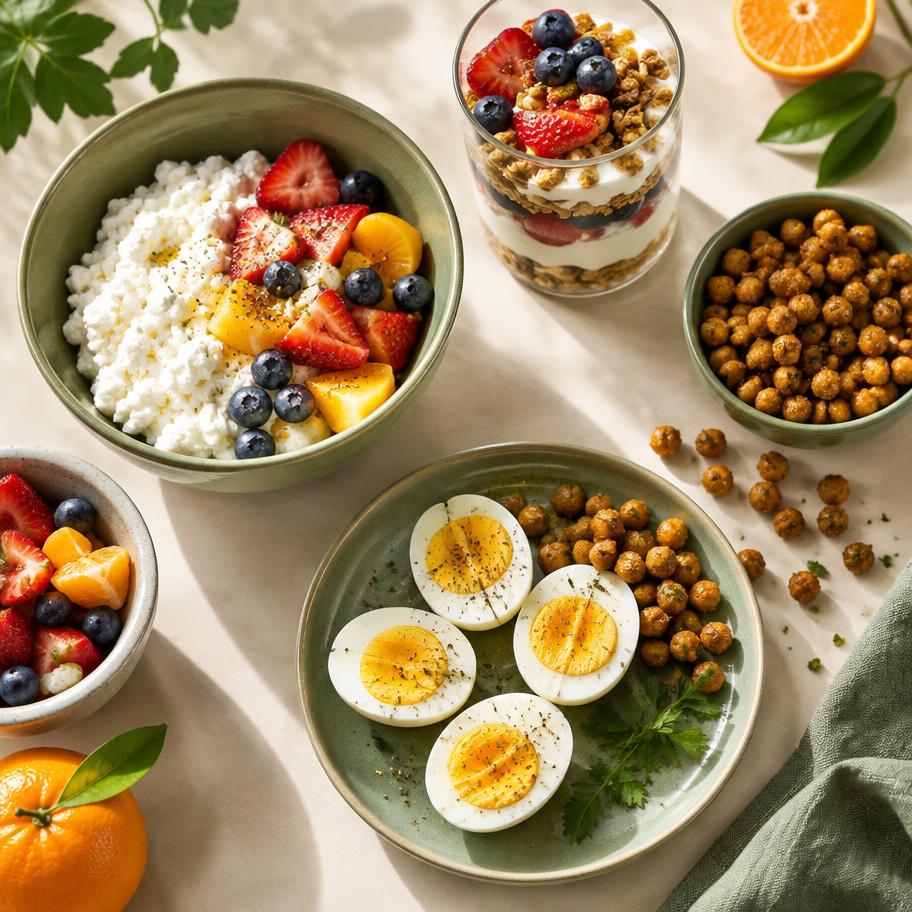 Meriendas altas en proteína con yogur, fruta, huevos y garbanzos